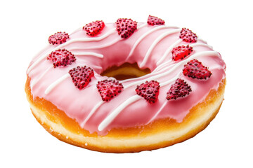 Pink frosted donut with strawberries and white drizzle on black background, cut out