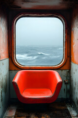Worn interior, orange chair facing stormy ocean view through rectangular window
