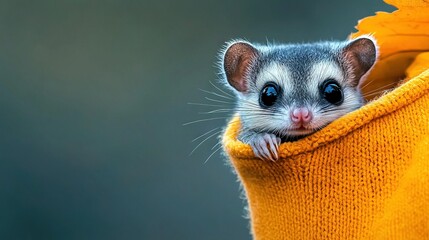 Fototapeta premium A close-up of a small creature emerging from a knitted yellow sack adorned with a floral bouquet
