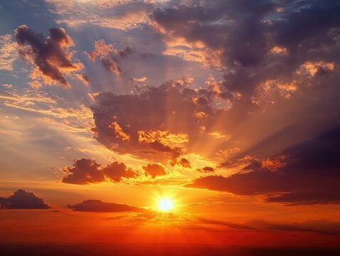 Dramatic sunset with vibrant orange sky and dramatic clouds. Multiple exposure capturing the sun's descent.