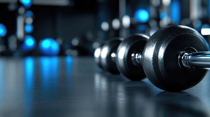 Row of heavy dumbbells on a gym floor