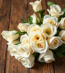 Obraz premium Pure white roses arranged on rustic wooden table, soft light, wood, photography