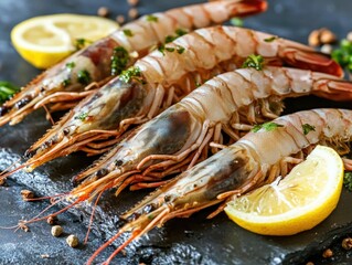 Pink shrimp on a dark slate with lemon and herbs, garnish for seafood entree.