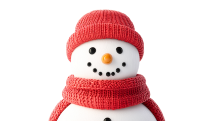 Charming snowman with red scarf and hat, isolated on black, cut out transparent