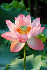 Fototapeta premium A single pink lotus flower in bloom against a serene background, with lily pad leaves around it.