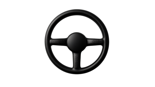 Black steering wheel with four spokes, cut out transparent