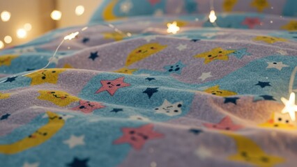 Close up of a soft blanket with a cute star and moon pattern and lights.