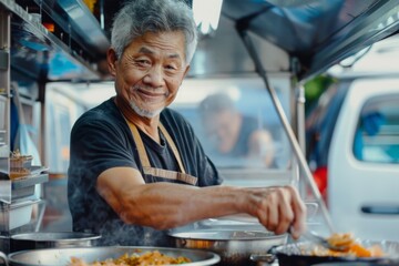 Middle aged male Asian food truck worker making food in mobile kitchen