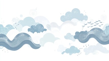 Abstract blue cloudscape, waves, birds;  seamless pattern for textile, wallpaper