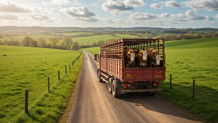 Livestock truck moving cattle down a dirt road in the countryside.