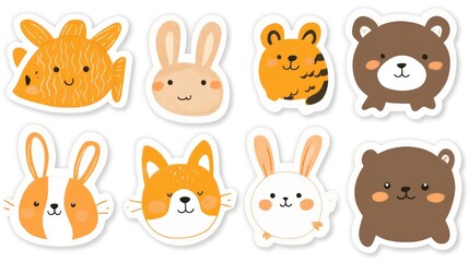 Cute animal stickers fish, rabbits, tiger, bear;  kids craft, scrapbooking