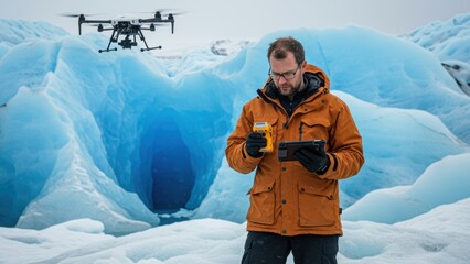Man controls drone over glacier, collects data using tablet and measurement tool.
