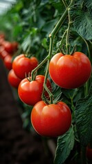 Juicy Red Tomatoes Ripening on the Vine in a Greenhouse