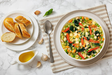Vegetarian Minestrone with in white bowl, top view