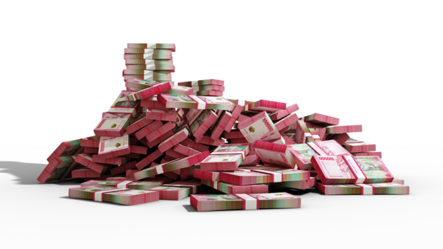 Big stacks of Indonesian rupiah notes. A lot of money isolated on transparent background. 3d rendering of bundles of cash