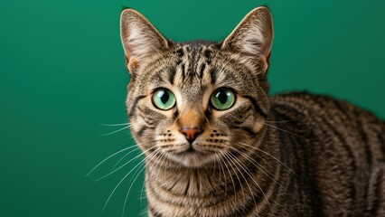 A tabby cat gazes intensely with mesmerizing green eyes on green backdrop