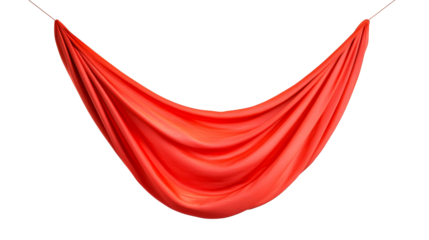 Red fabric hangs in soft folds on a black background, cut out transparent