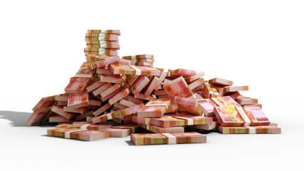 Big stacks of Indonesian rupiah notes. A lot of money isolated on transparent background. 3d rendering of bundles of cash