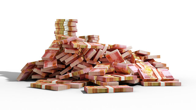 Big stacks of Indonesian rupiah notes. A lot of money isolated on transparent background. 3d rendering of bundles of cash