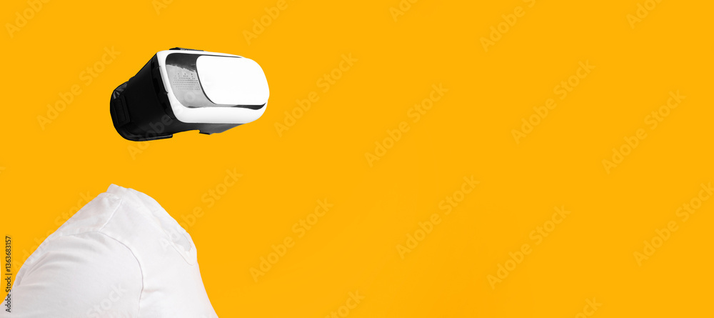 Aufkleber A user engaged in virtual reality without visible head or face, immersed in augmented reality. The bright yellow background enhances the futuristic feel of this technology-driven experience.