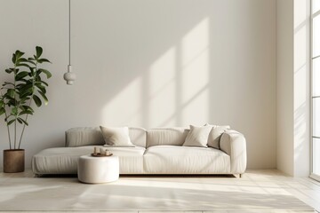 Modern minimal clean contemporary living room interior with beige sofa