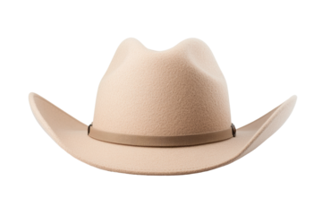 Beige cowboy hat with wide brim and leather band on white background, cut out