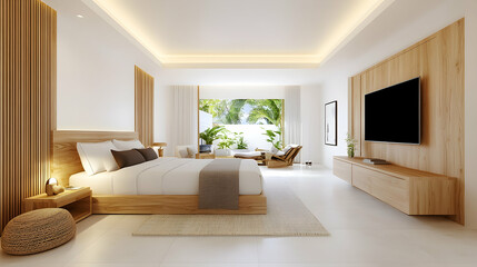 Modern minimalist bedroom with wood accents, large window, and flat-screen TV