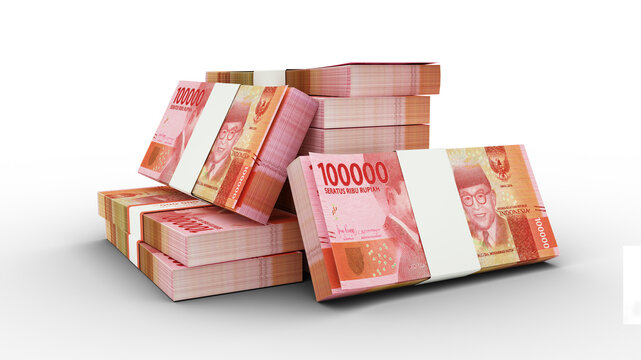  Stacks of 100000 Indonesian rupiah notes. bundles of Indonesian currency notes isolated on transparent background