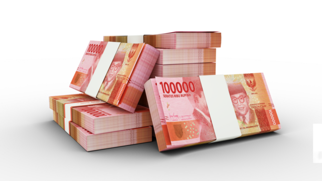  Stacks of 100000 Indonesian rupiah notes. bundles of Indonesian currency notes isolated on transparent background