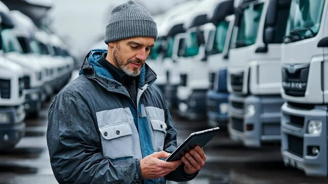 Truck driver checks tablet while standing next to fleet in industrial area on a cloudy day