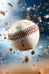 Mud-splattered baseball in motion, dirt flying