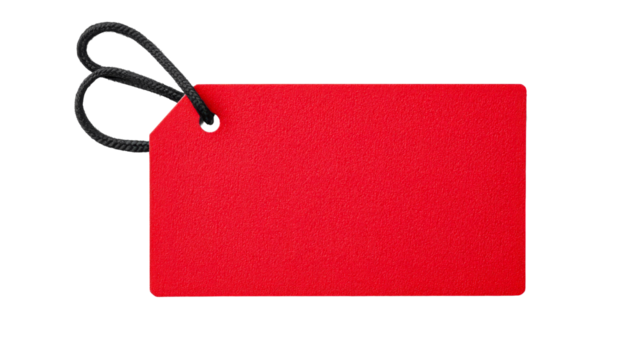 Red price tag with rope loop, textured paper surface, cut out transparent