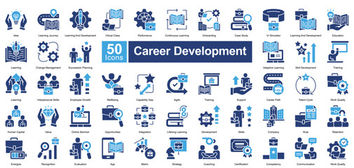 Career Development icon set in two color style, featuring 50 icons on training, skill growth, employee success, and career progression. Ideal for HR, education, and professional coaching.