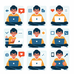 vector young man playing laptop 