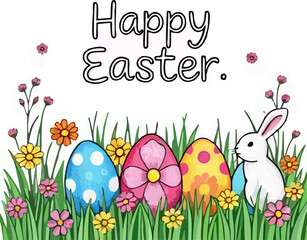 abstract illustration of happy easter eggs and bunnies flower writing