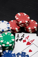 Casino chips and cards on the table. Gambling concept