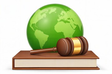 Environmental law. A green globe and a gavel on a law book. Legal principles for sustainable environmental conservation and protection. (Law)