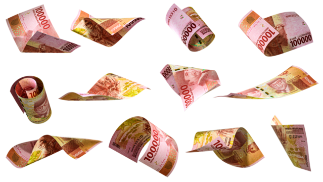 3D rendering of Set of 100000 indonesian rupiah notes flying in different angles and orientations isolated on transparent background. currency of United states
