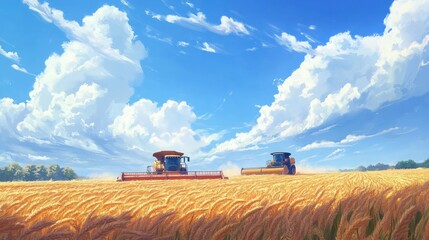 Fototapeta premium Golden wheat field being harvested by combine harvesters under a vibrant blue sky