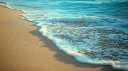 Peaceful shore with gentle waves rolling in, golden sand and clear blue ocean water
