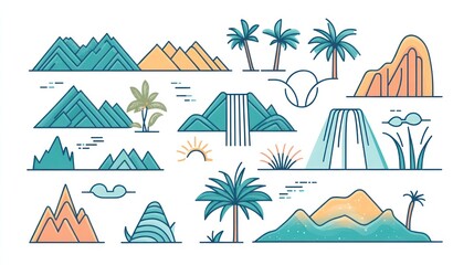 Obraz premium Tropical landscape elements; mountains, waterfalls, palms; design assets