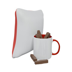 coffee mug with chocolate inside and a pillow next to it