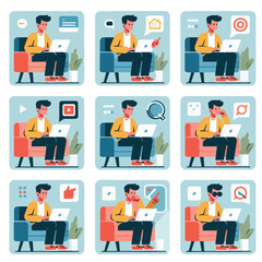 vector young man playing laptop 