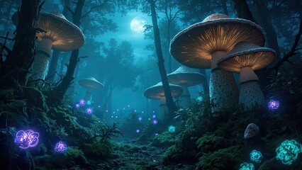 Fototapeta premium A mystical forest illuminated by a full moon, featuring glowing mushrooms and bioluminescent plants in hues of blue, purple, and green. The serene ambiance is enhanced by moss-covered ground and dense