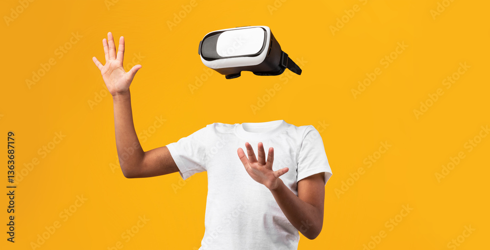 Poster a person engages with virtual reality using a headset, their body visible but headless, against a vi