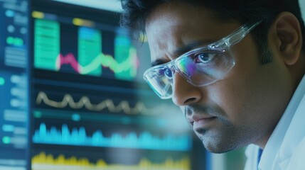 Close-up of focused man in white lab coat and goggles examining complex charts and graphs on computer monitor.
