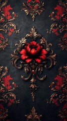 Elegant Gold and Red Floral Wallpaper with Central Rose Design

