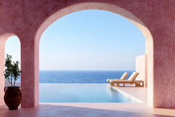 Pink archway frames ocean view, infinity pool, and lounge chairs