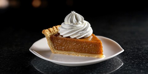 A slice of homemade pumpkin pie with a whipped cream topping. The pie has a flaky, golden crust filled with spiced pumpkin and sweet, creamy custard.