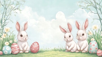 Fototapeta premium Easter bunnies with eggs, and spring scene.